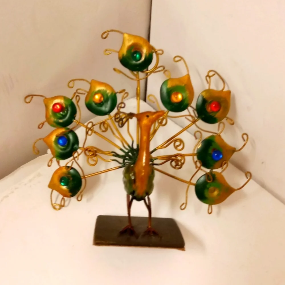 Vintage 2 Peacocks Metal Figurines Enamel Exotic, Rhinestones Safari
